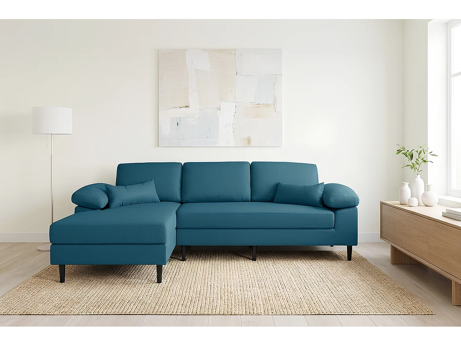 Divano angolare 3 posti con chaise longue sinistra tessuto blu petrolio – Washington
