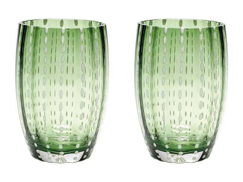 Zafferano Perle Engels groen glas - Mondgeblazen gekleurd glas, 32 cl, Handgemaakt - Set van 2 handgemaakte bekers voor water of cocktails