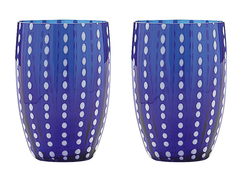 Vaso Zafferano Perle Azul - Vidrio Soplado con Color, 32 cl, Hecho a Mano - Juego de 2 Vasos Artesanos para Agua o Cócteles