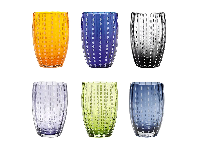 Zafferano Perle Glass mix colours 1 - Vidrio coloreado soplado, 32 cl, hecho a mano - Juego de 6 vasos artesanales para agua o cócteles