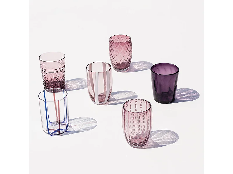 Zafferano Melting Pot Set van 6 glazen in één kleur - Amethist - Handgeblazen glas, 32 cl - Handgemaakte bekers voor water en cocktails