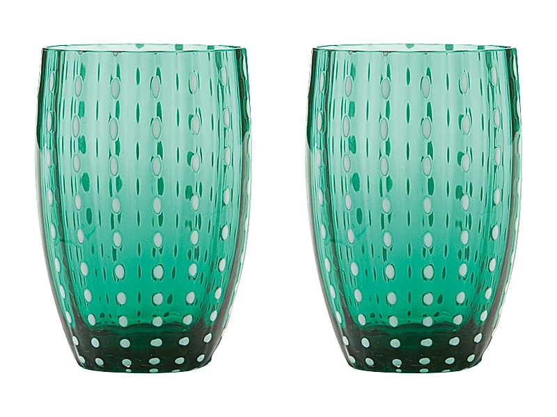 Zafferano Perle Bicchiere Verde - Vetro Colorato Soffiato a Bocca, 32 cl, Lavorato a Mano - Set da 2 Tumblers Artigianali per Acqua o Cocktail