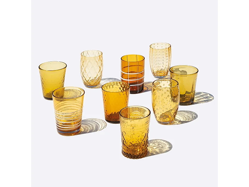 Zafferano Melting Pot Juego de 6 Vasos Monocolor - Ámbar - Vidrio Soplado a Mano, 32 cl - Vasos Artesanales para Agua y Cócteles