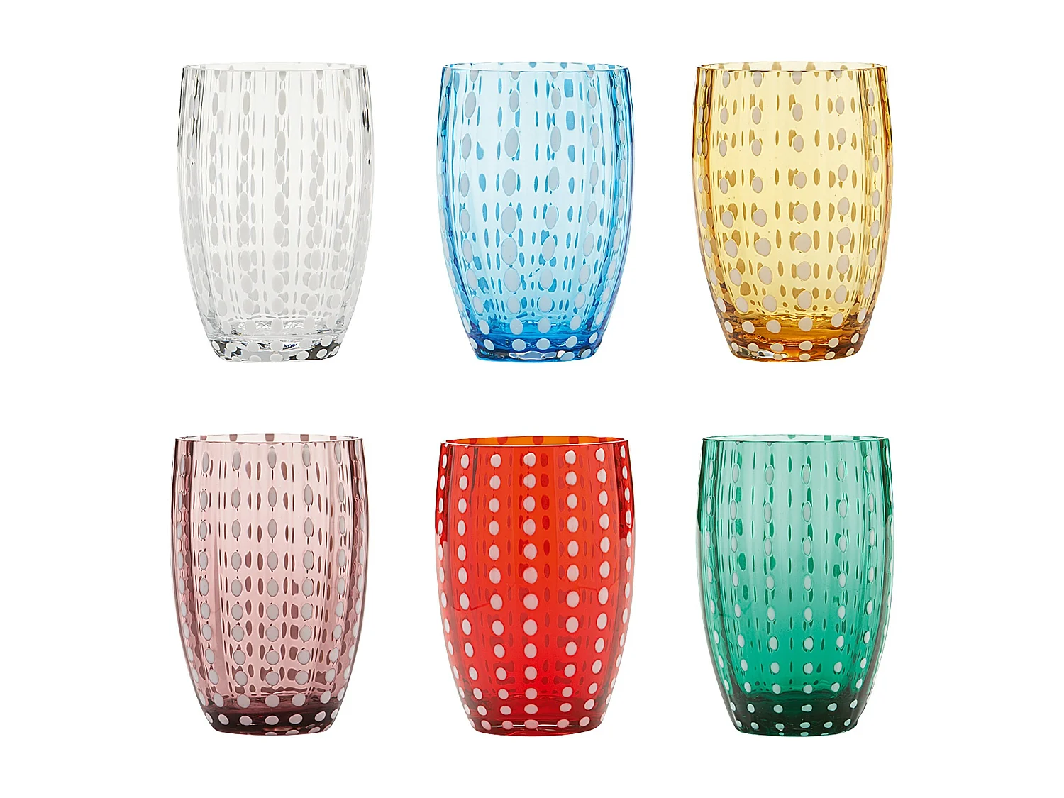 Zafferano Perle Couleurs Mélangées 2 - lot de 6 verres soufflés bouche 32cl, faits main, artisanaux, pour eau ou cocktails