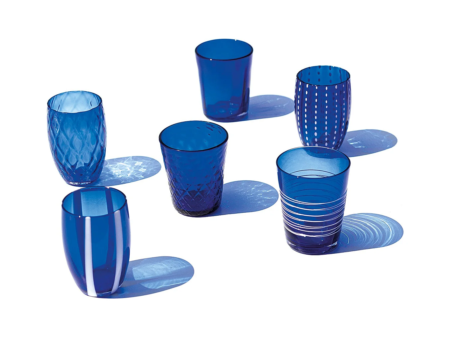 Zafferano Melting Pot Lot de 6 Verres Unicolores - Bleu - Verre Soufflé à la Main, 32 cl - Gobelets Artisan pour Eau et Cocktails