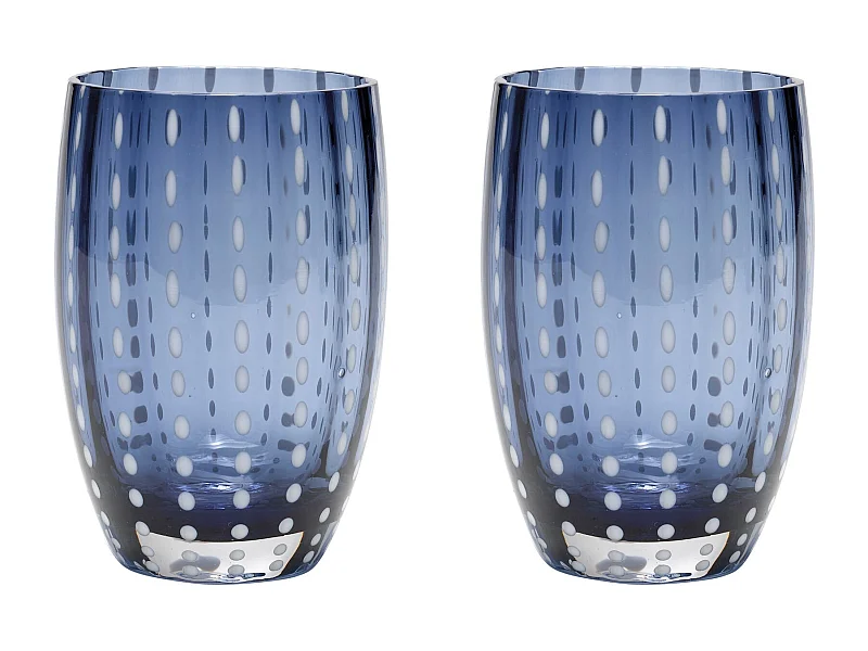 Zafferano Perle Bicchiere Blu grigio - Vetro Colorato Soffiato a Bocca, 32 cl, Lavorato a Mano - Set da 2 Tumblers Artigianali per Acqua o Cocktail