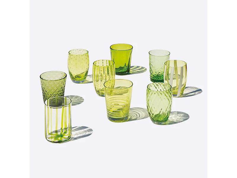 Zafferano Melting Pot Set 6 Bicchieri Monocolore - Verde - Vetro Soffiato a Mano, 32 cl - Tumbler Artigianali per Acqua e Cocktail