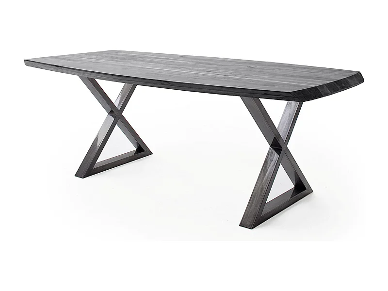 Table de salle à manger rectangulaire en bois d'acacia coloris gris, pieds croisés en métal anthracite antique - longueur 180 x hauteur 77 x profondeur 100 cm