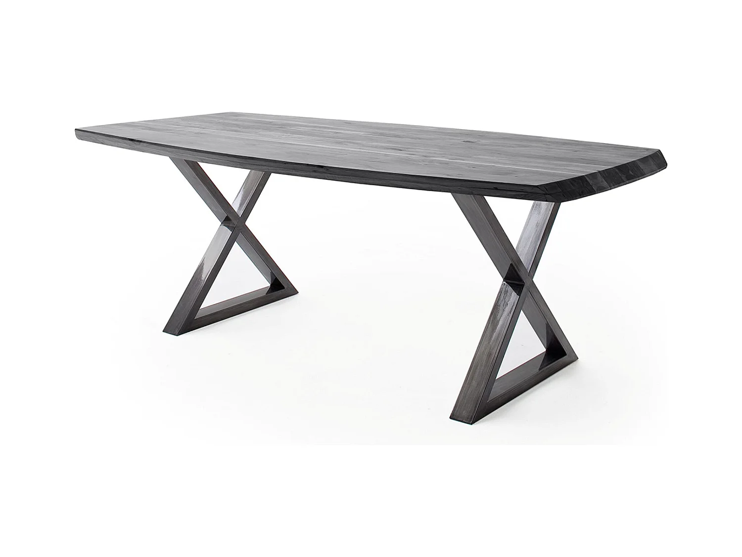 Table de salle à manger rectangulaire en bois d'acacia coloris gris, pieds croisés en métal anthracite antique - longueur 180 x hauteur 77 x profondeur 100 cm