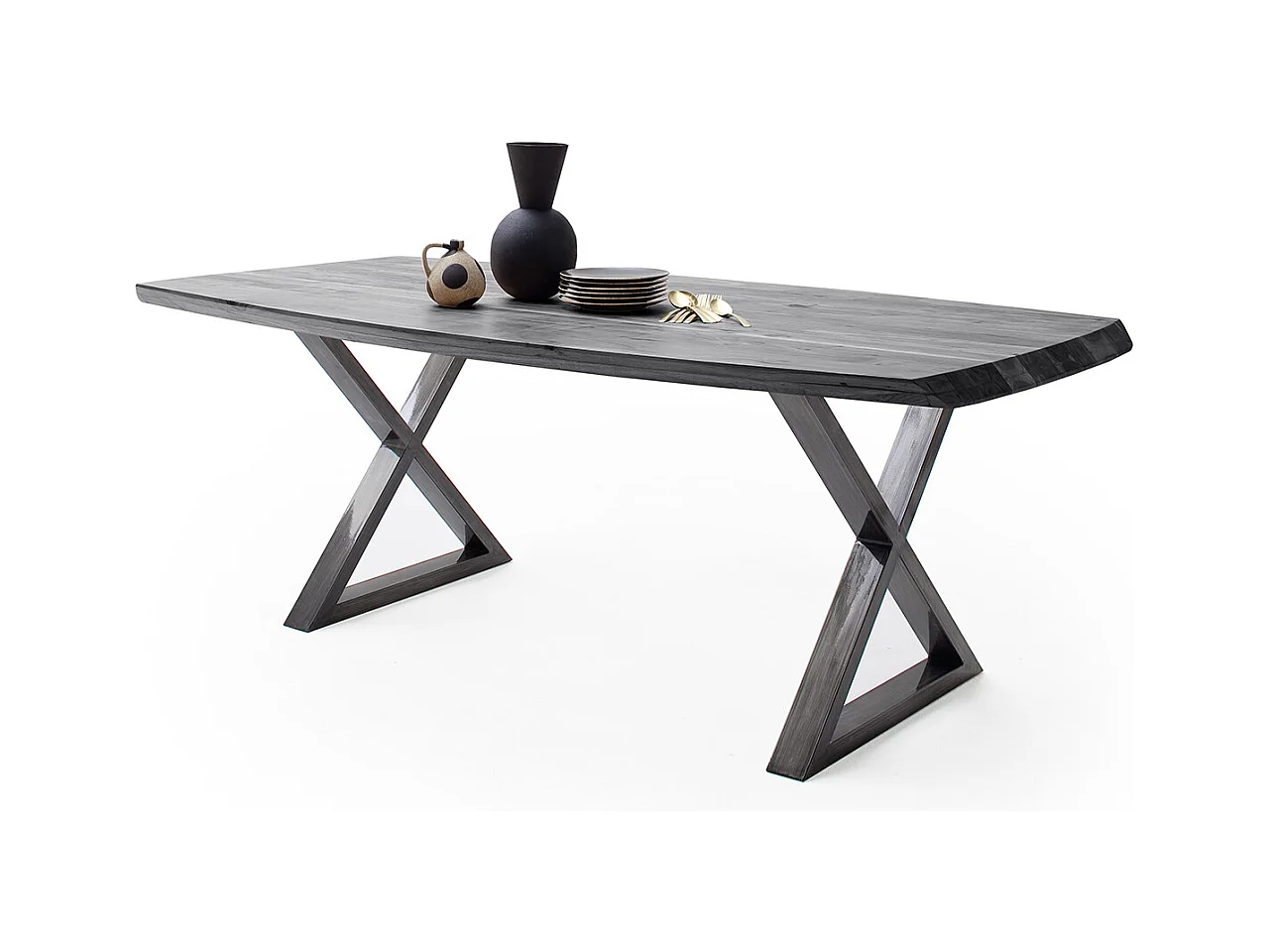 Table de salle à manger rectangulaire en bois d'acacia coloris gris, pieds croisés en métal anthracite antique - longueur 180 x hauteur 77 x profondeur 100 cm