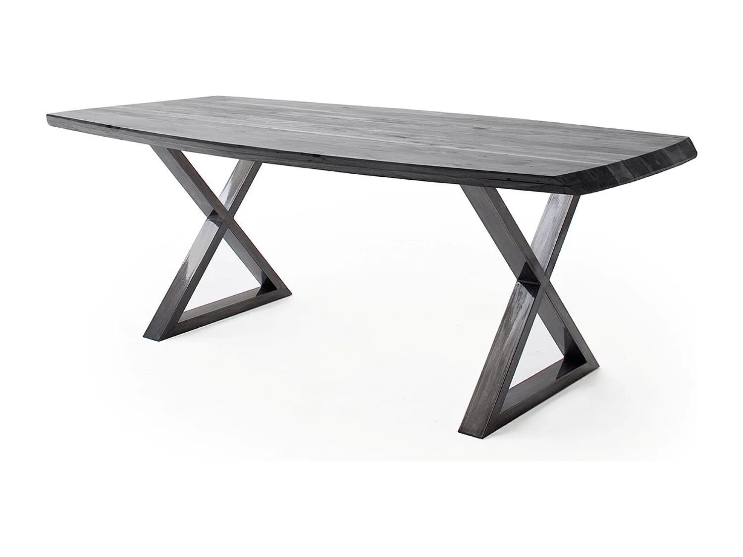 Table de salle à manger rectangulaire en bois d'acacia coloris gris, pieds croisés en métal anthracite antique - longueur 180 x hauteur 77 x profondeur 100 cm