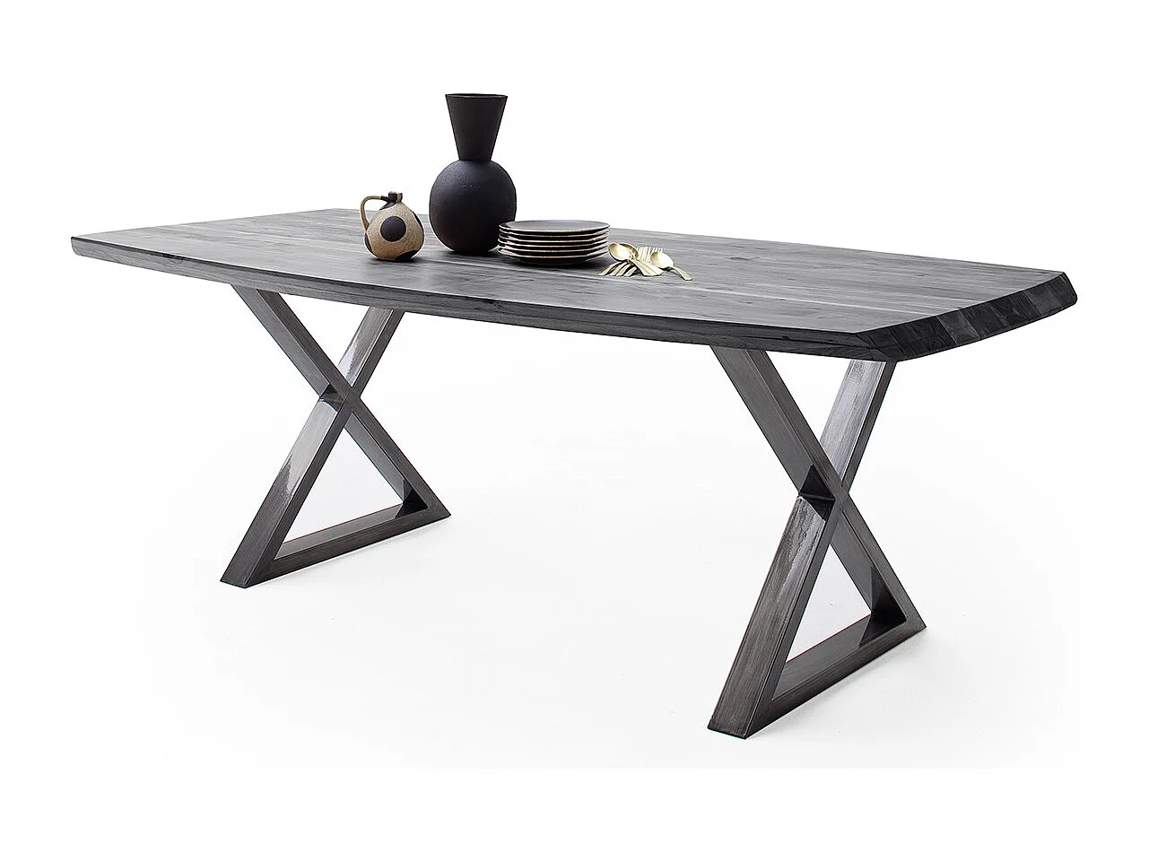 Table de salle à manger rectangulaire en bois d'acacia coloris gris, pieds croisés en métal anthracite antique - longueur 180 x hauteur 77 x profondeur 100 cm