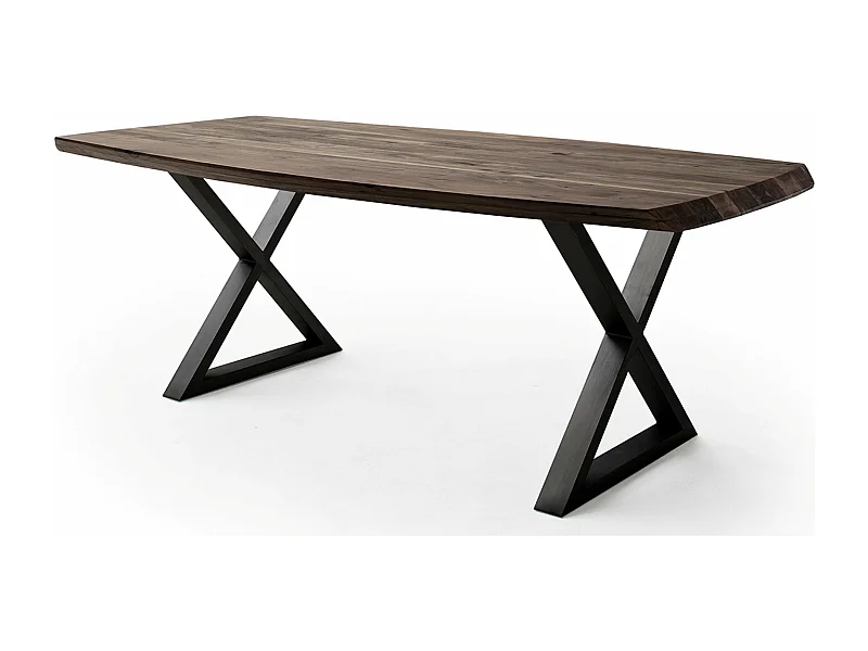 Table de salle à manger rectangulaire en bois d'acacia coloris noyer, pieds croisés en métal peint anthracite - longueur 220 x hauteur 77 x profondeur 100 cm