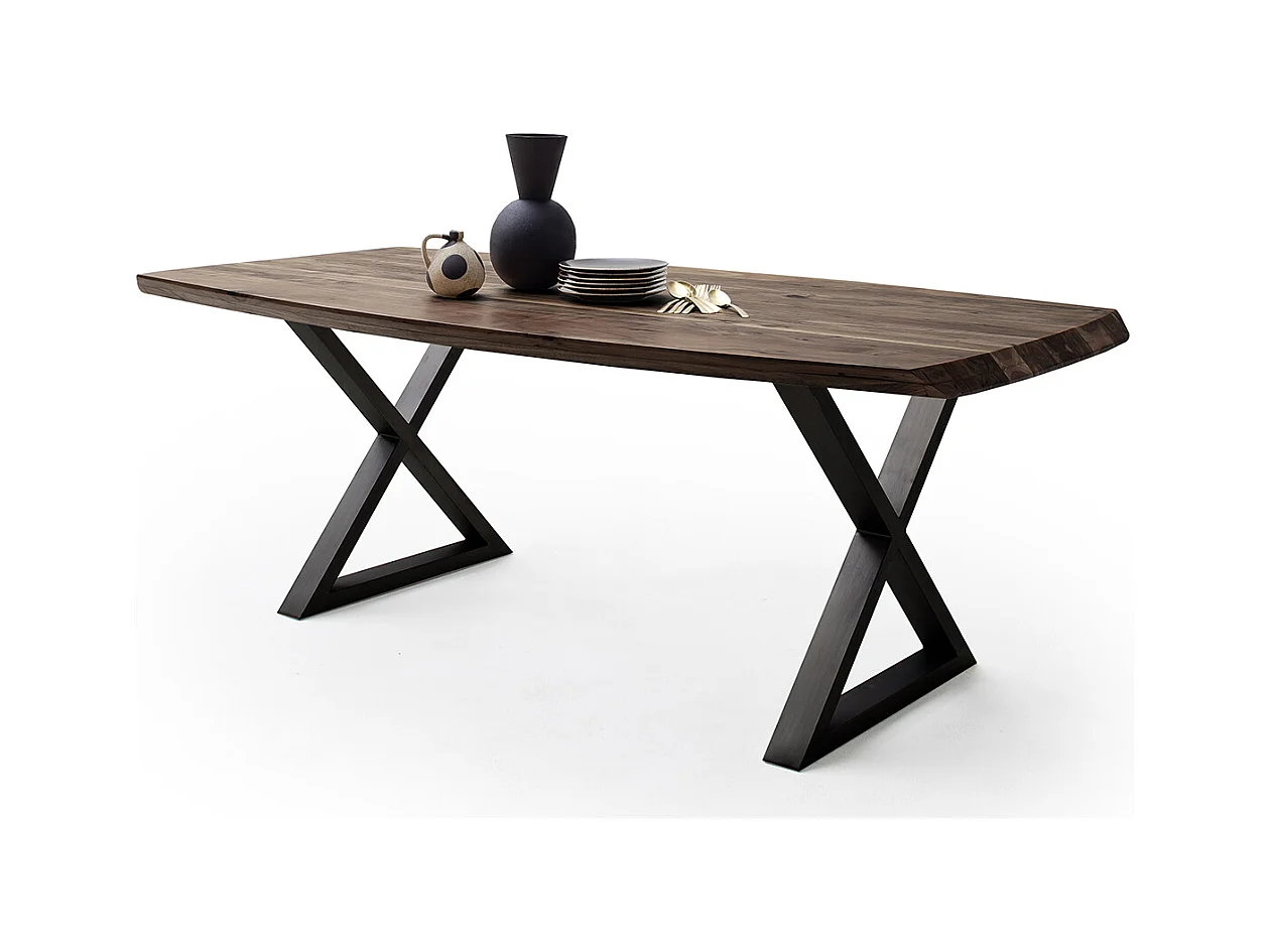 Table de salle à manger rectangulaire en bois d'acacia coloris noyer, pieds croisés en métal peint anthracite - longueur 220 x hauteur 77 x profondeur 100 cm