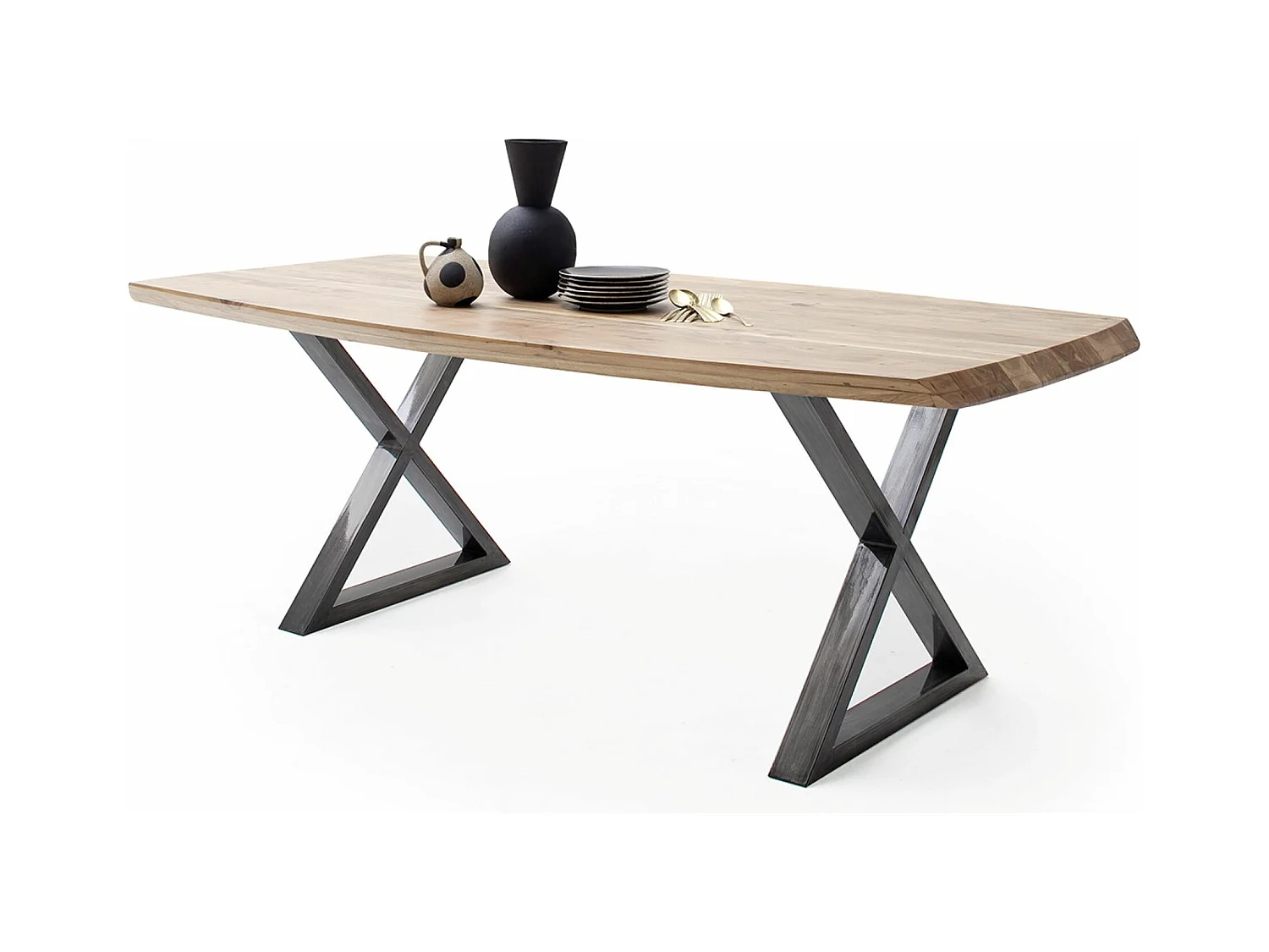 Table de salle à manger rectangulaire en bois d'acacia coloris naturel, pieds croisés en métal anthracite antique - longueur 200 x hauteur 77 x profondeur 100 cm