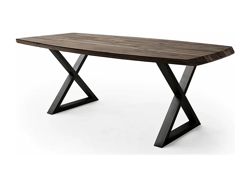 Table de salle à manger rectangulaire en bois d'acacia coloris noyer, pieds croisés en métal peint anthracite - longueur 180 x hauteur 77 x profondeur 100 cm