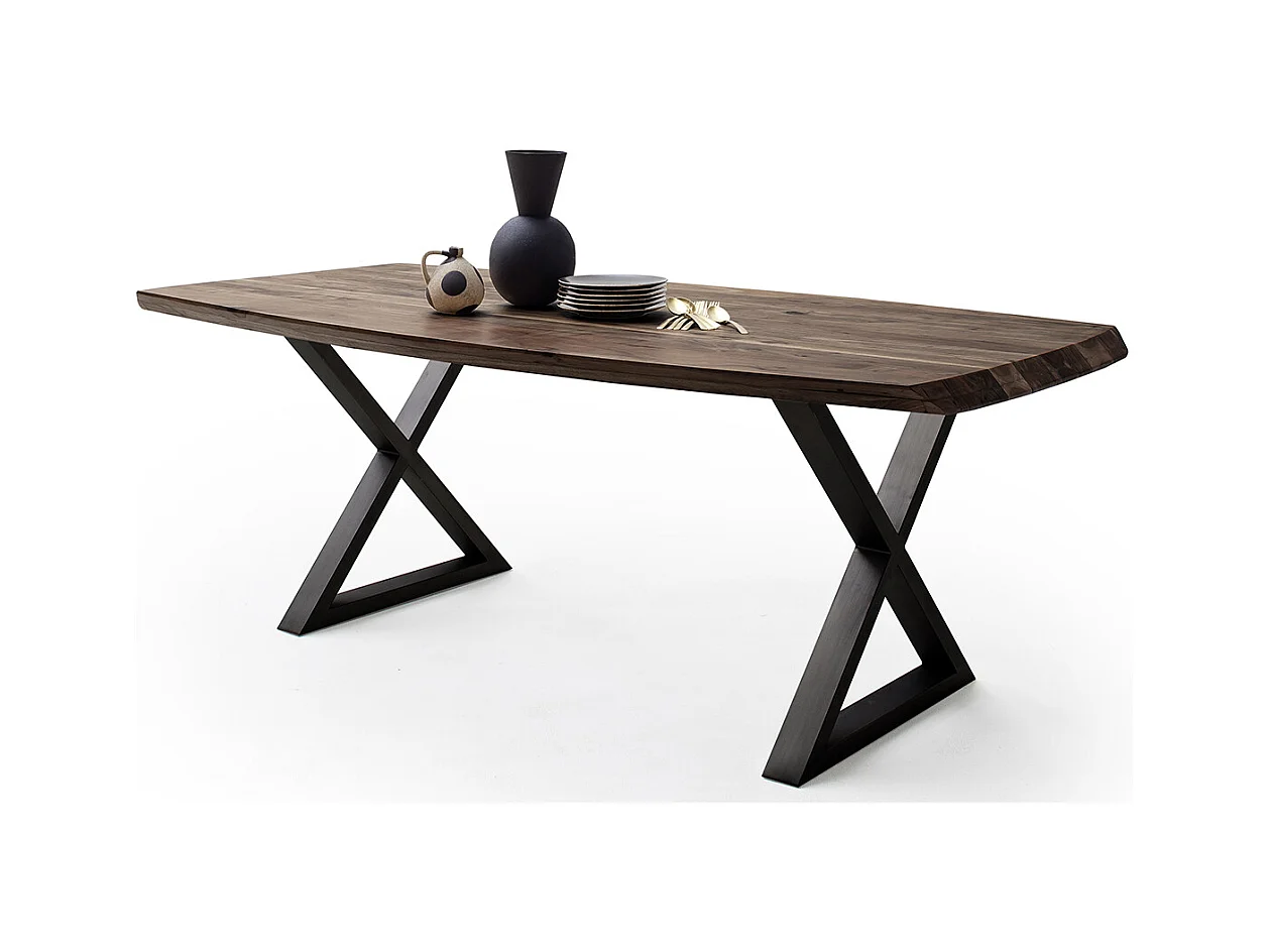 Table de salle à manger rectangulaire en bois d'acacia coloris noyer, pieds croisés en métal peint anthracite - longueur 180 x hauteur 77 x profondeur 100 cm
