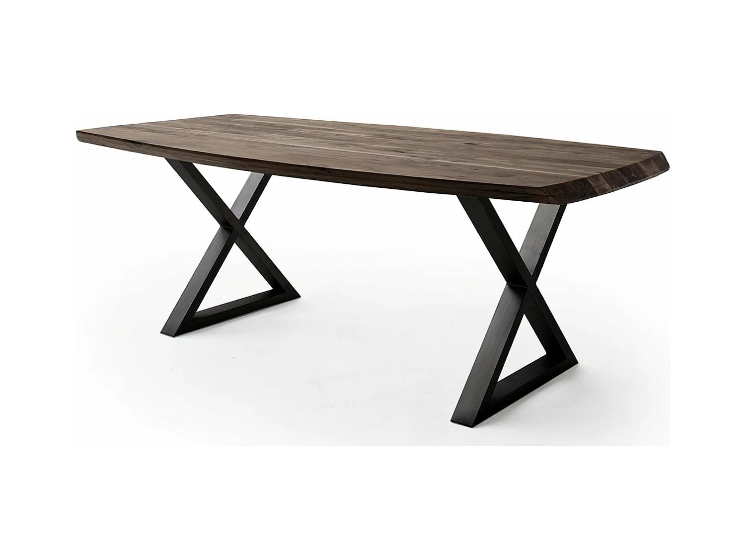 Table de salle à manger rectangulaire en bois d'acacia coloris noyer, pieds croisés en métal peint anthracite - longueur 180 x hauteur 77 x profondeur 100 cm