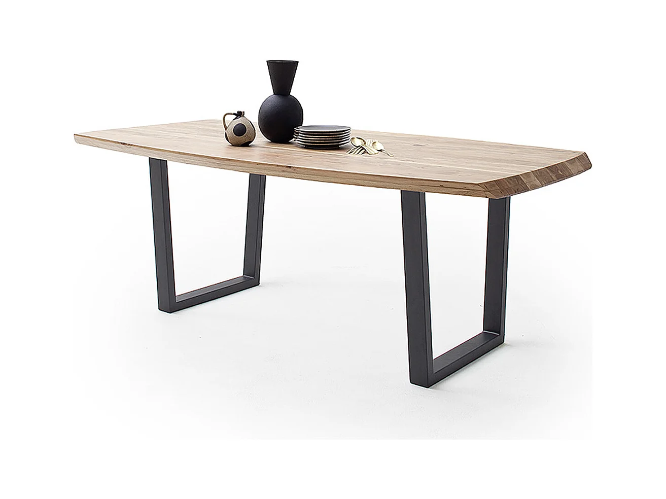 Table de salle à manger rectangulaire en bois d'acacia coloris naturel, pieds en métal peint coloris anthracite - longueur 180 x hauteur 77 x profondeur 100 cm
