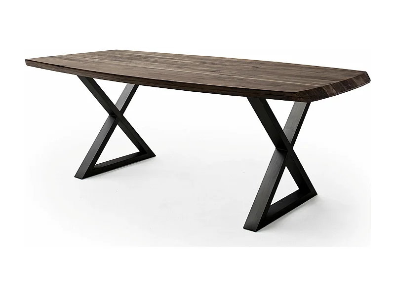 Table de salle à manger rectangulaire en bois d'acacia coloris noyer, pieds croisés en métal peint anthracite - longueur 200 x hauteur 77 x profondeur 100 cm