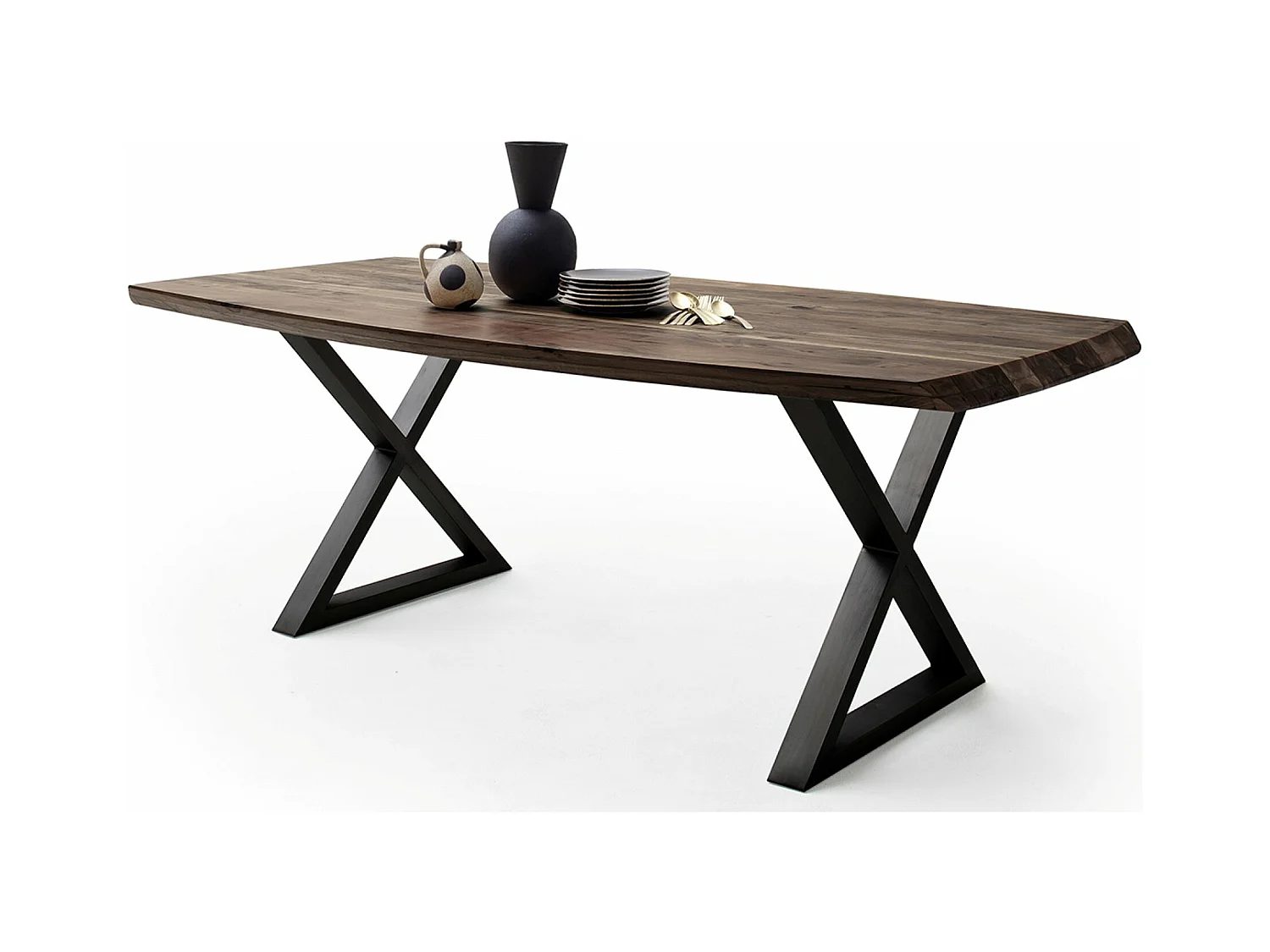 Table de salle à manger rectangulaire en bois d'acacia coloris noyer, pieds croisés en métal peint anthracite - longueur 200 x hauteur 77 x profondeur 100 cm