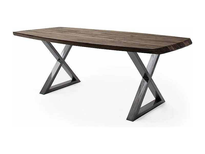 Table de salle à manger rectangulaire en bois d'acacia coloris noyer, pieds croisés en métal anthracite antique - longueur 220 x hauteur 77 x profondeur 100 cm