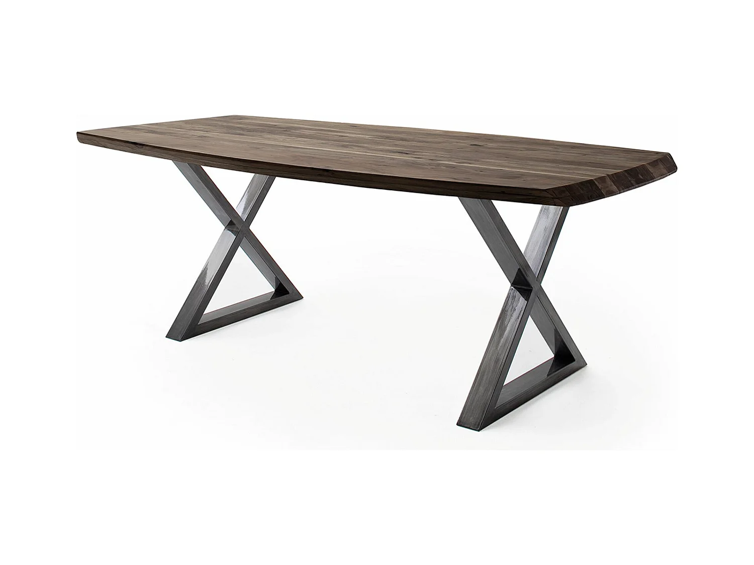 Table de salle à manger rectangulaire en bois d'acacia coloris noyer, pieds croisés en métal anthracite antique - longueur 220 x hauteur 77 x profondeur 100 cm