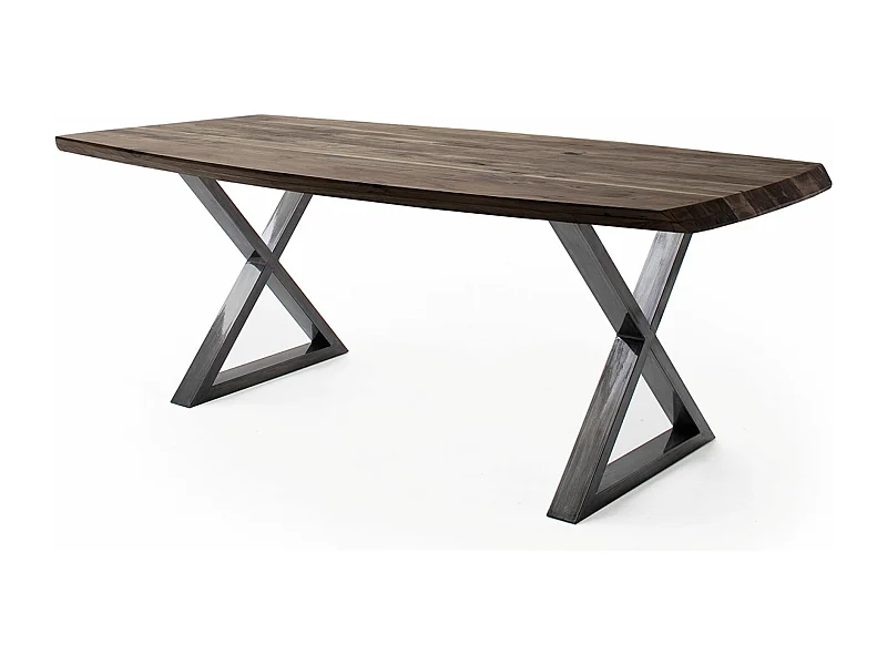 Table de salle à manger rectangulaire en bois d'acacia coloris noyer, pieds croisés en métal anthracite antique - longueur 200 x hauteur 77 x profondeur 100 cm