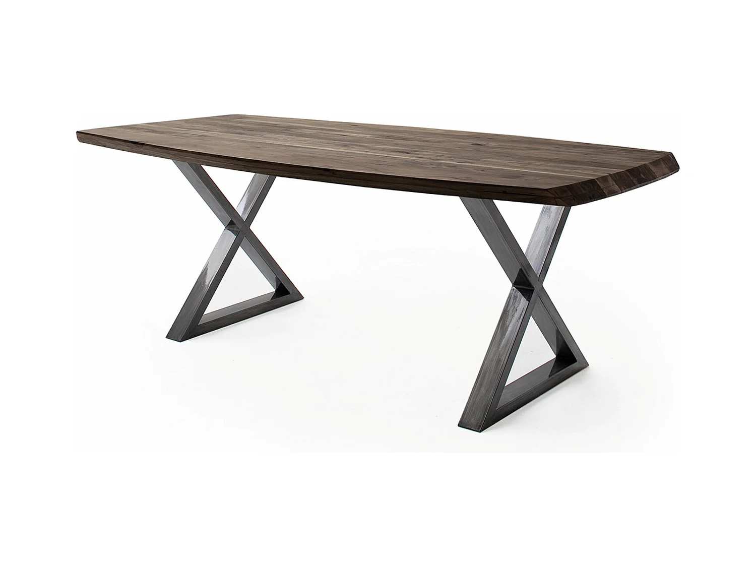Table de salle à manger rectangulaire en bois d'acacia coloris noyer, pieds croisés en métal anthracite antique - longueur 200 x hauteur 77 x profondeur 100 cm