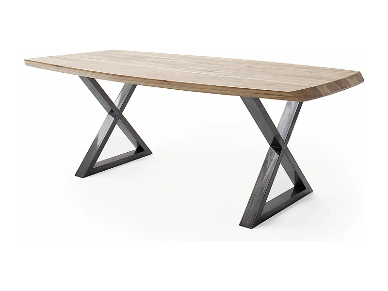 Table de salle à manger rectangulaire en bois d'acacia coloris naturel, pieds croisés en métal anthracite antique - longueur 220 x hauteur 77 x profondeur 100 cm