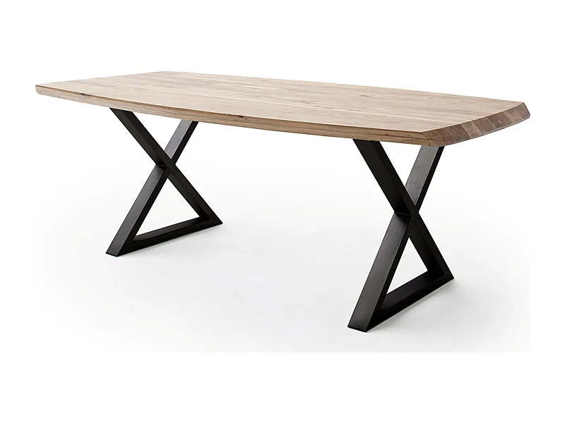 Table de salle à manger rectangulaire en bois d'acacia coloris naturel, pieds croisés en métal peint anthracite - longueur 200 x hauteur 77 x profondeur 100 cm
