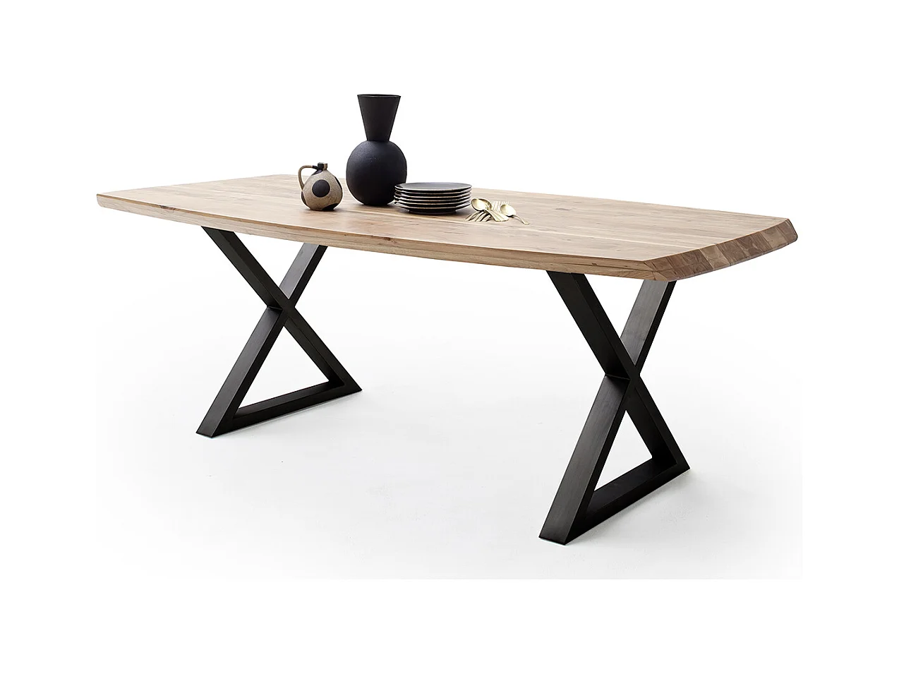 Table de salle à manger rectangulaire en bois d'acacia coloris naturel, pieds croisés en métal peint anthracite - longueur 200 x hauteur 77 x profondeur 100 cm