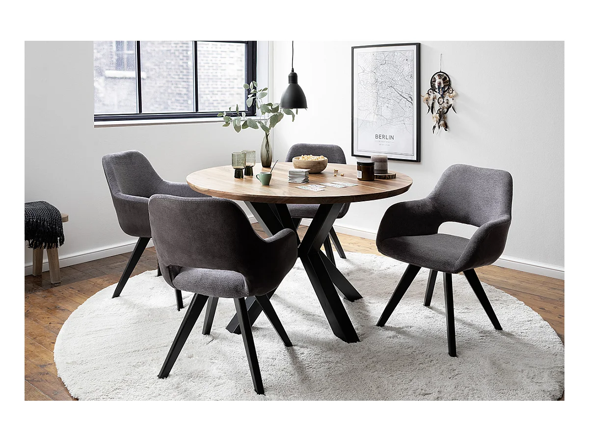 Table de salle à manger ronde en bois d'acacia coloris naturel, pieds en métal noir - diamètre 120 x hauteur 77 cm