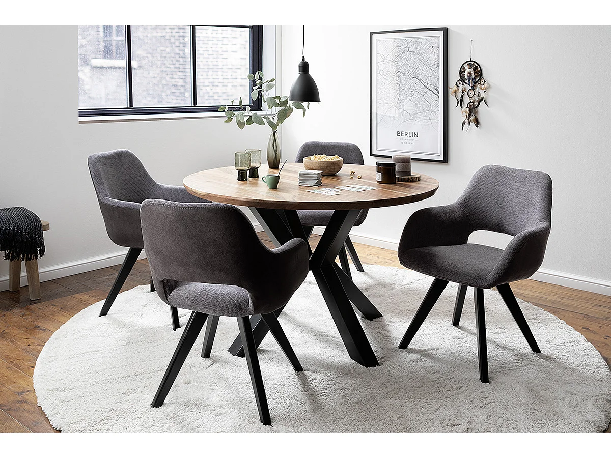 Table de salle à manger ronde en bois d'acacia coloris naturel, pieds en métal noir - diamètre 120 x hauteur 77 cm