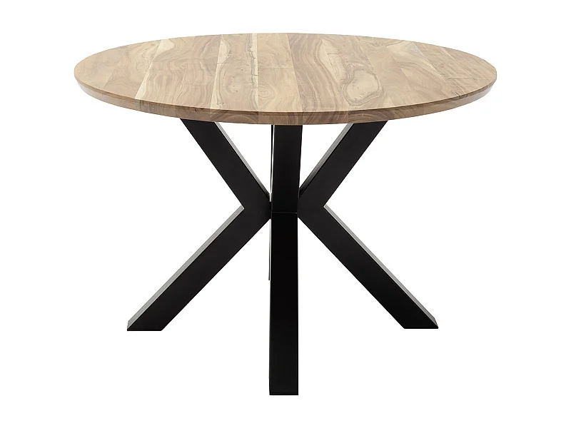 Table de salle à manger ronde en bois d'acacia coloris naturel, pieds en métal noir - diamètre 120 x hauteur 77 cm