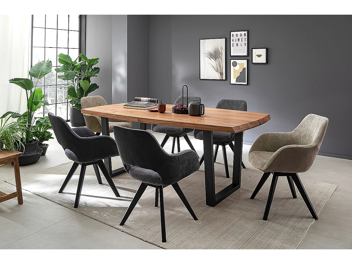 Table de salle à manger rectangulaire en bois d'acacia coloris naturel, pieds en métal peint coloris anthracite - longueur 200 x hauteur 77 x profondeur 100 cm