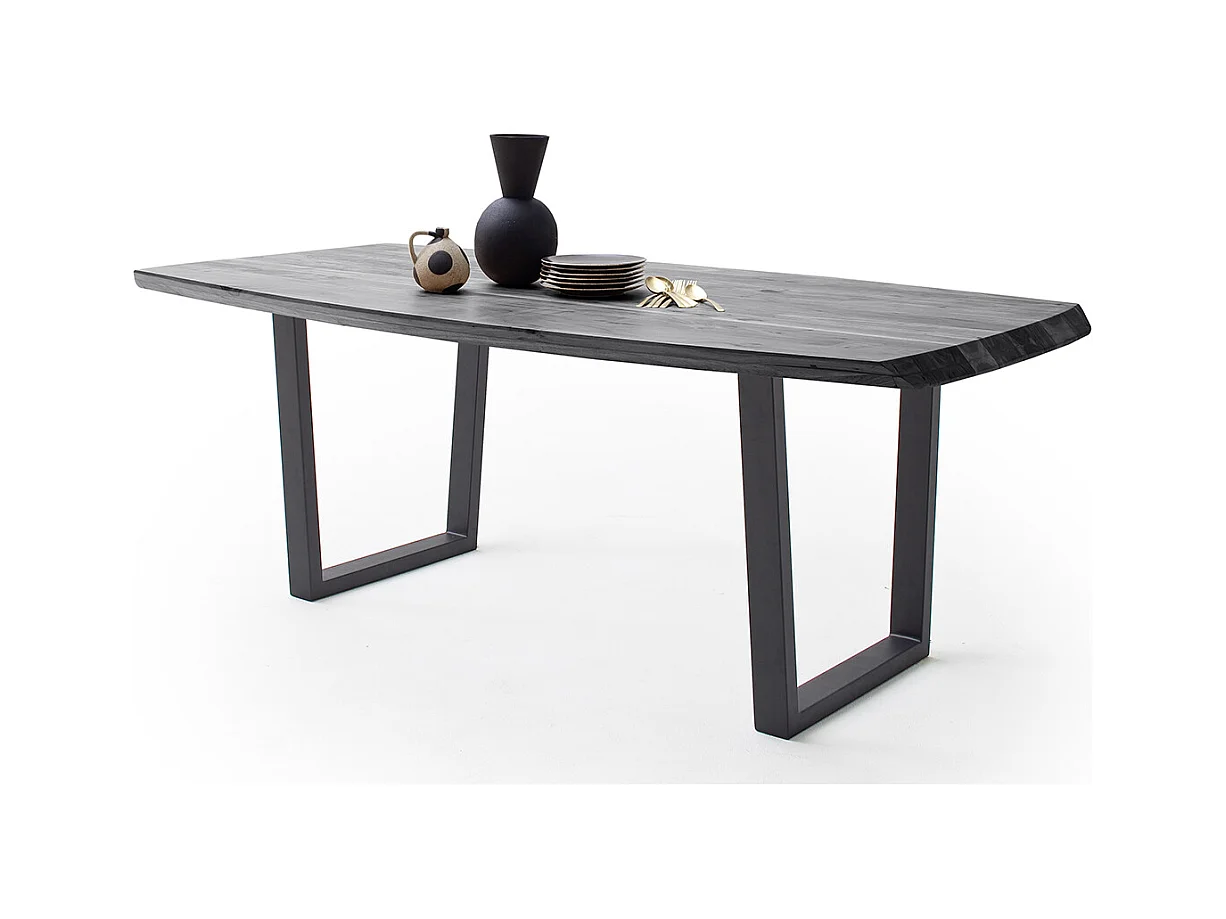 Table de salle à manger rectangulaire en bois d'acacia coloris gris, pieds en métal peint coloris anthracite - longueur 200 x hauteur 77 x profondeur 100 cm