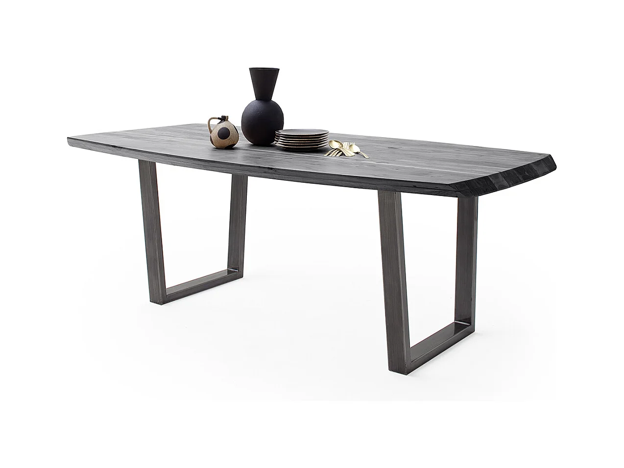 Table de salle à manger rectangulaire en bois d'acacia coloris gris, pieds en métal anthracite antique - longueur 220 x hauteur 77 x profondeur 100 cm