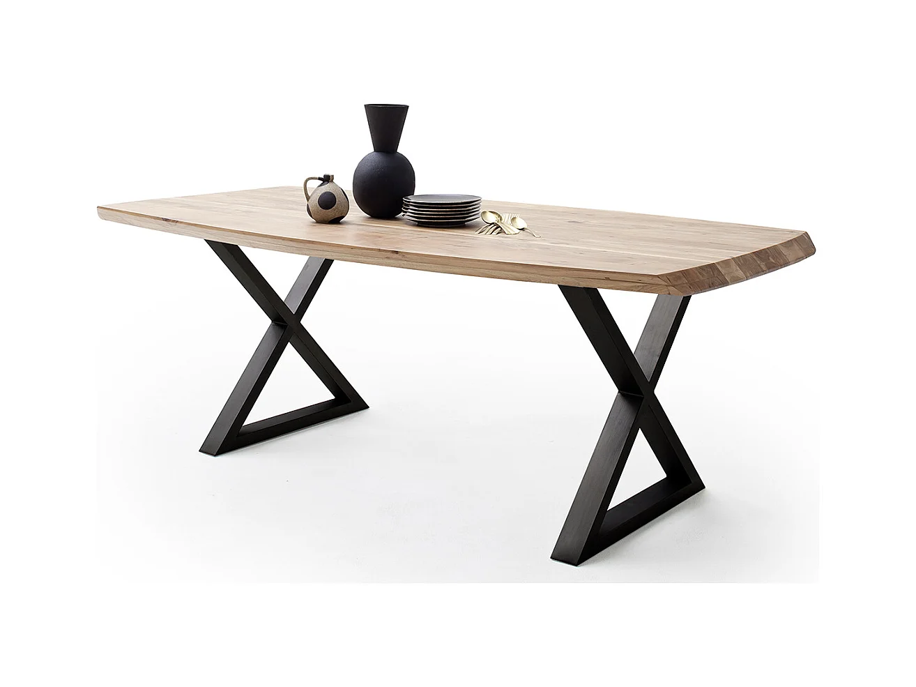 Table de salle à manger rectangulaire en bois d'acacia coloris naturel, pieds croisés en métal peint anthracite - longueur 180 x hauteur 77 x profondeur 100 cm