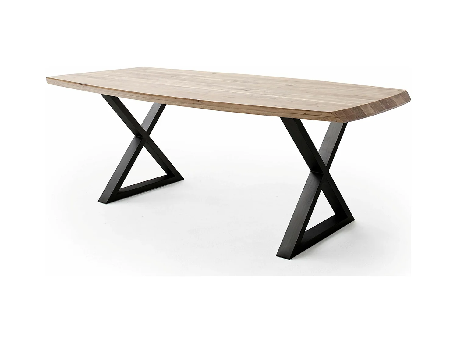 Table de salle à manger rectangulaire en bois d'acacia coloris naturel, pieds croisés en métal peint anthracite - longueur 180 x hauteur 77 x profondeur 100 cm
