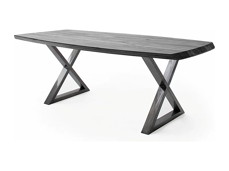 Table de salle à manger rectangulaire en bois d'acacia coloris gris, pieds croisés en métal anthracite antique - longueur 220 x hauteur 77 x profondeur 100 cm