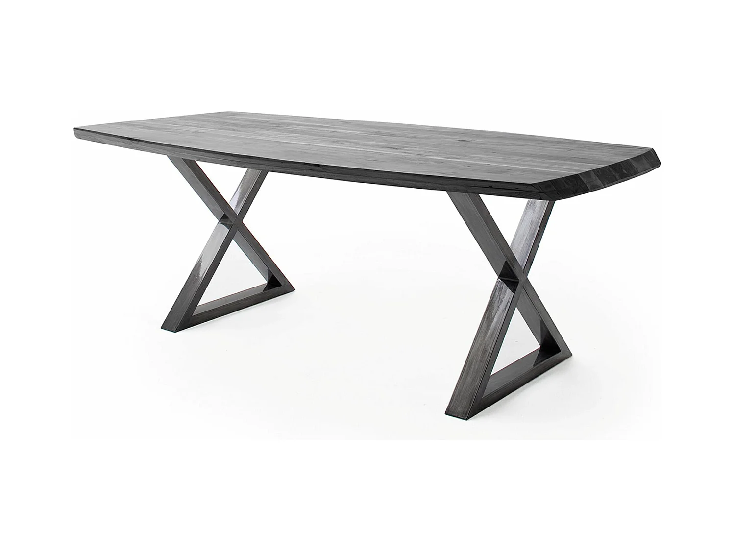 Table de salle à manger rectangulaire en bois d'acacia coloris gris, pieds croisés en métal anthracite antique - longueur 220 x hauteur 77 x profondeur 100 cm