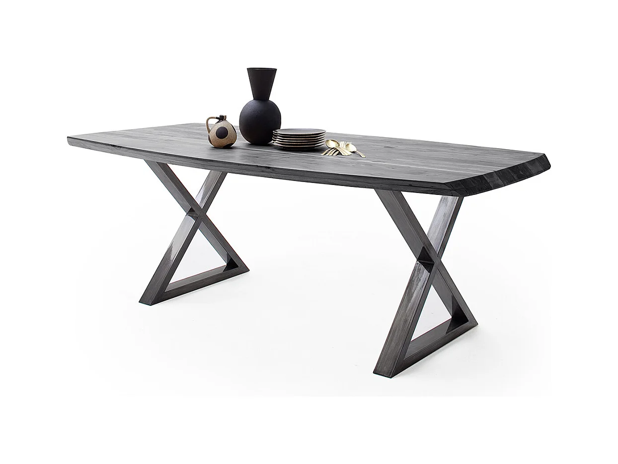 Table de salle à manger rectangulaire en bois d'acacia coloris gris, pieds croisés en métal anthracite antique - longueur 220 x hauteur 77 x profondeur 100 cm
