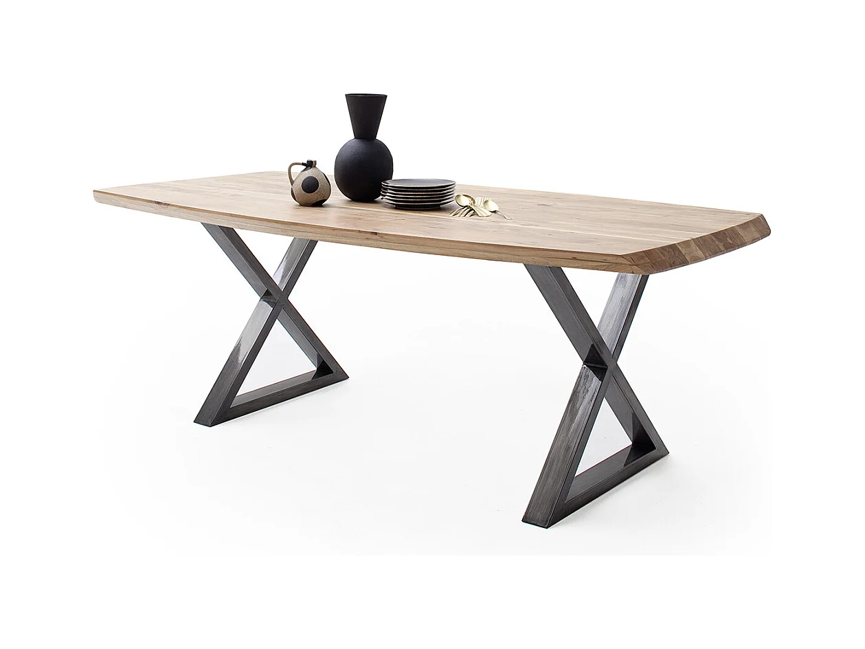 Table de salle à manger rectangulaire en bois d'acacia coloris naturel, pieds croisés en métal anthracite antique - longueur 180 x hauteur 77 x profondeur 100 cm