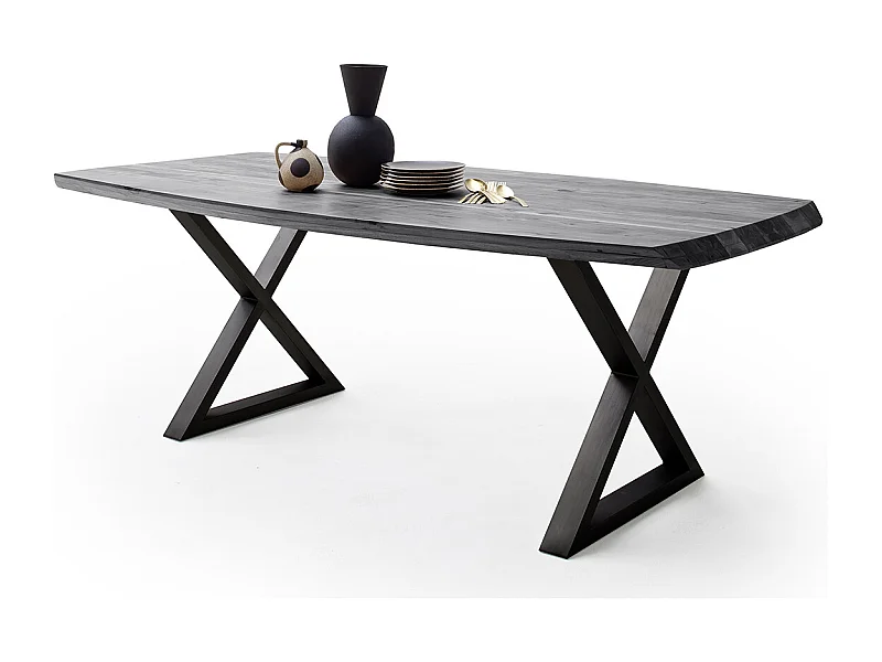 Table de salle à manger rectangulaire en bois d'acacia coloris gris, pieds croisés en métal peint anthracite - longueur 200 x hauteur 77 x profondeur 100 cm