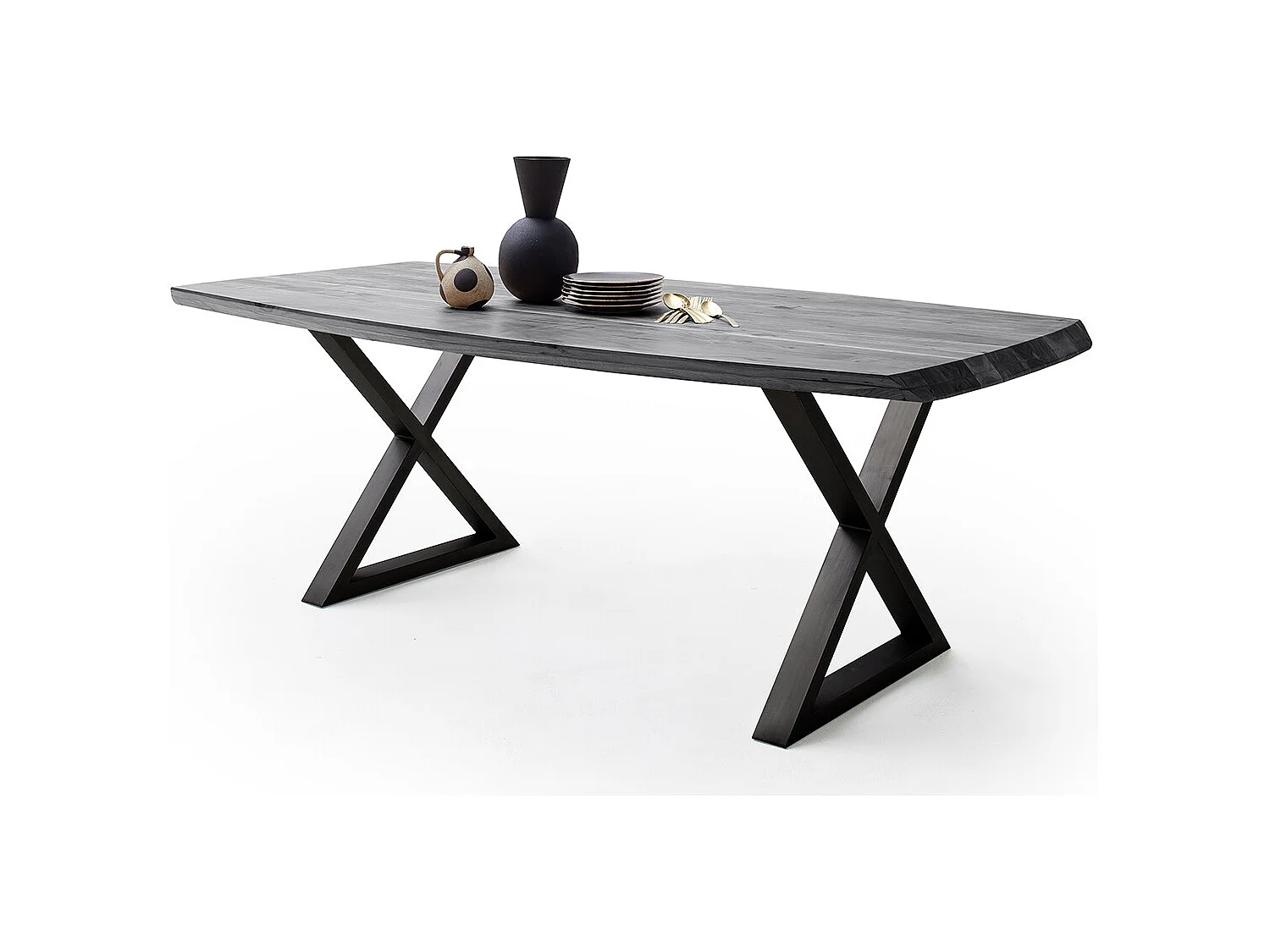 Table de salle à manger rectangulaire en bois d'acacia coloris gris, pieds croisés en métal peint anthracite - longueur 200 x hauteur 77 x profondeur 100 cm