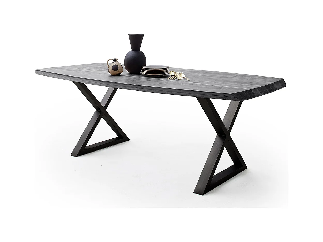Table de salle à manger rectangulaire en bois d'acacia coloris gris, pieds croisés en métal peint anthracite - longueur 200 x hauteur 77 x profondeur 100 cm