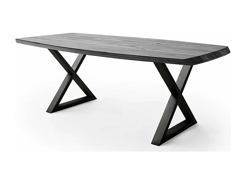 Table de salle à manger rectangulaire en bois d'acacia coloris gris, pieds croisés en métal peint anthracite - longueur 220 x hauteur 77 x profondeur 100 cm