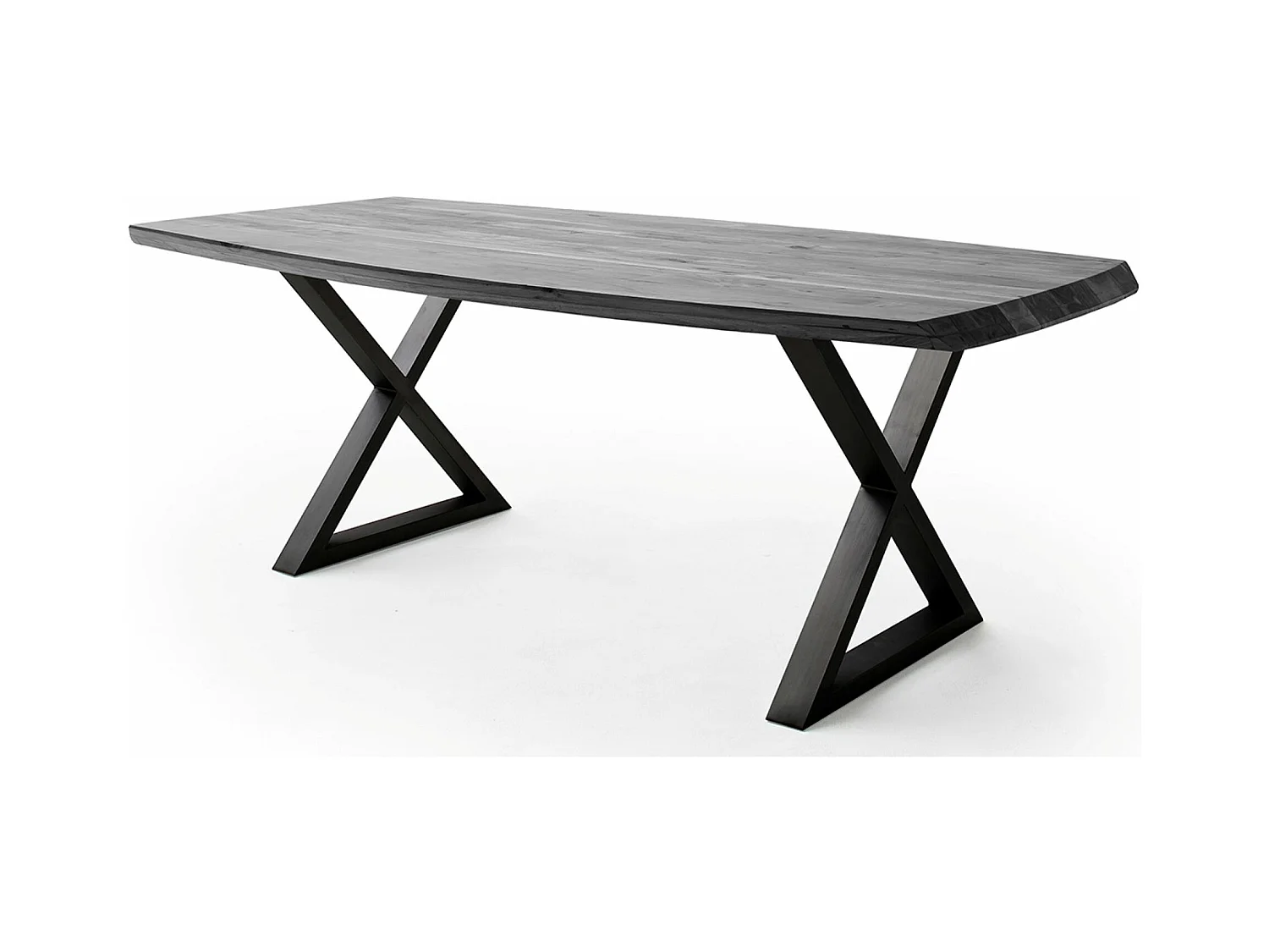 Table de salle à manger rectangulaire en bois d'acacia coloris gris, pieds croisés en métal peint anthracite - longueur 220 x hauteur 77 x profondeur 100 cm