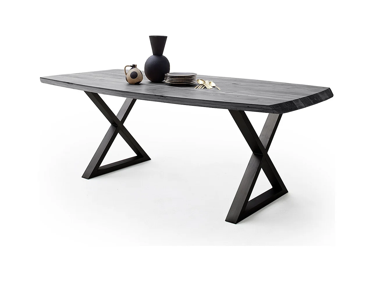 Table de salle à manger rectangulaire en bois d'acacia coloris gris, pieds croisés en métal peint anthracite - longueur 220 x hauteur 77 x profondeur 100 cm